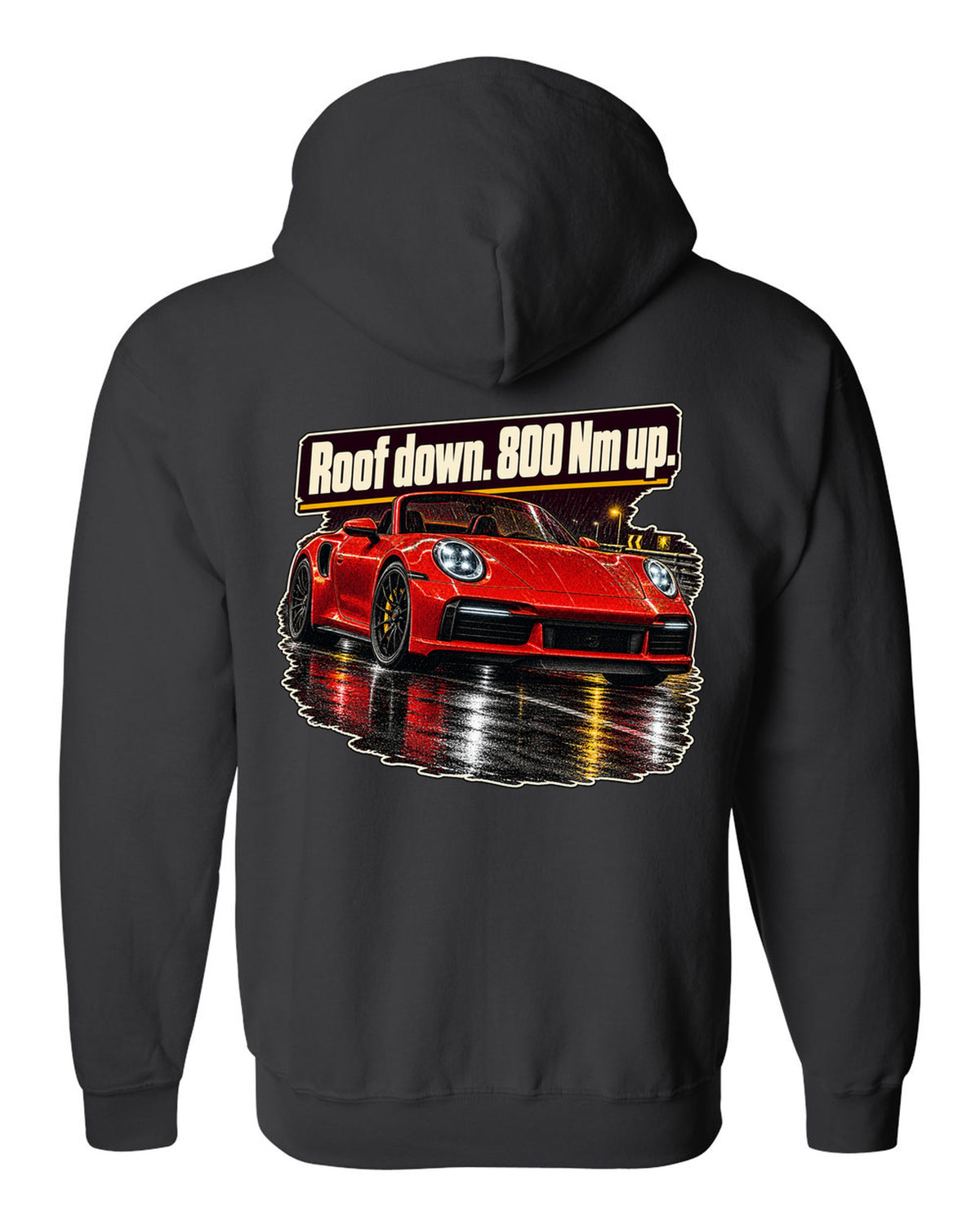 Night street print of a Porsche 992 Turbo S Cabriolet with roof down black zip hoodie back view with the design
