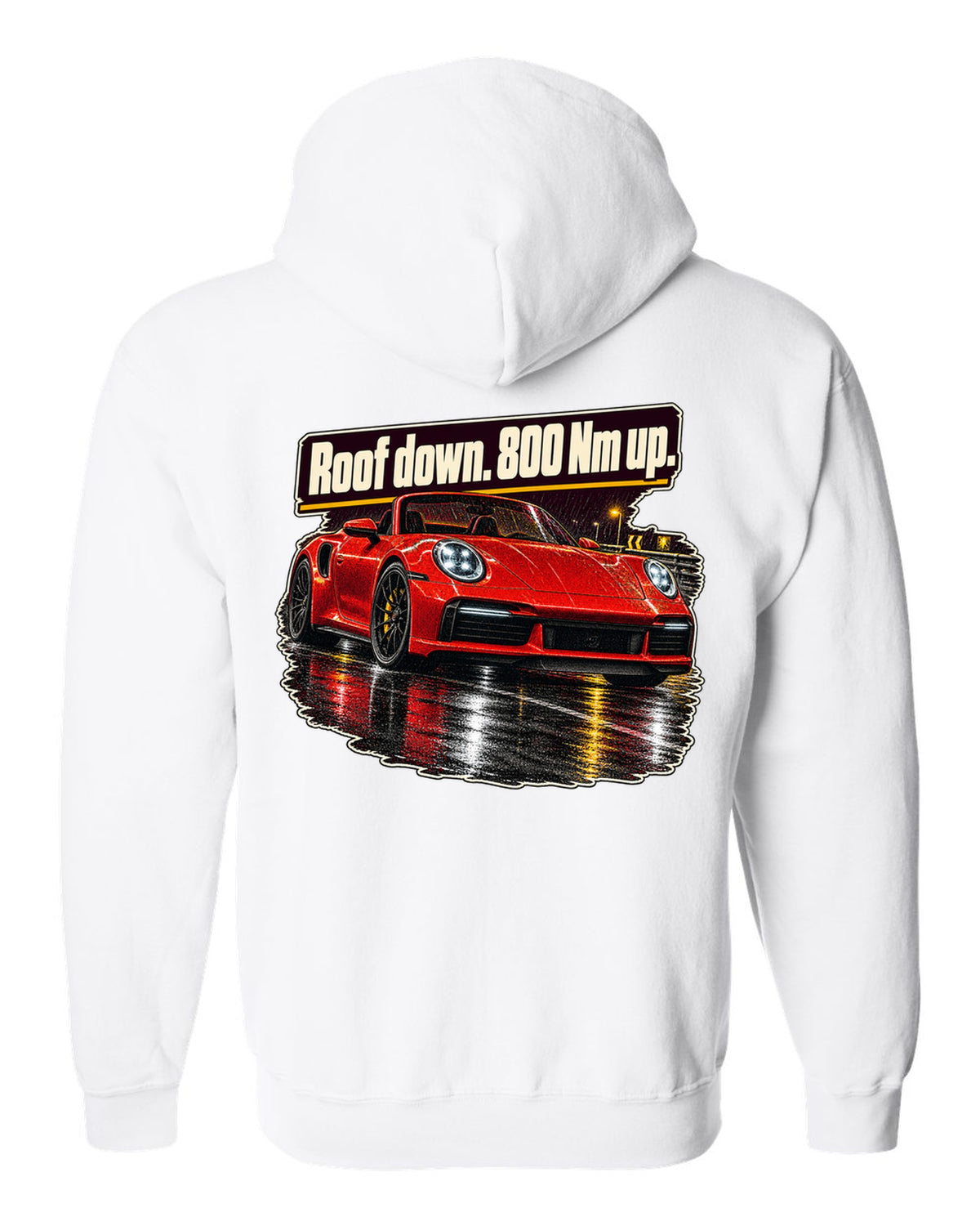 Night street print of a Porsche 992 Turbo S Cabriolet with roof down white zip hoodie back view with the design