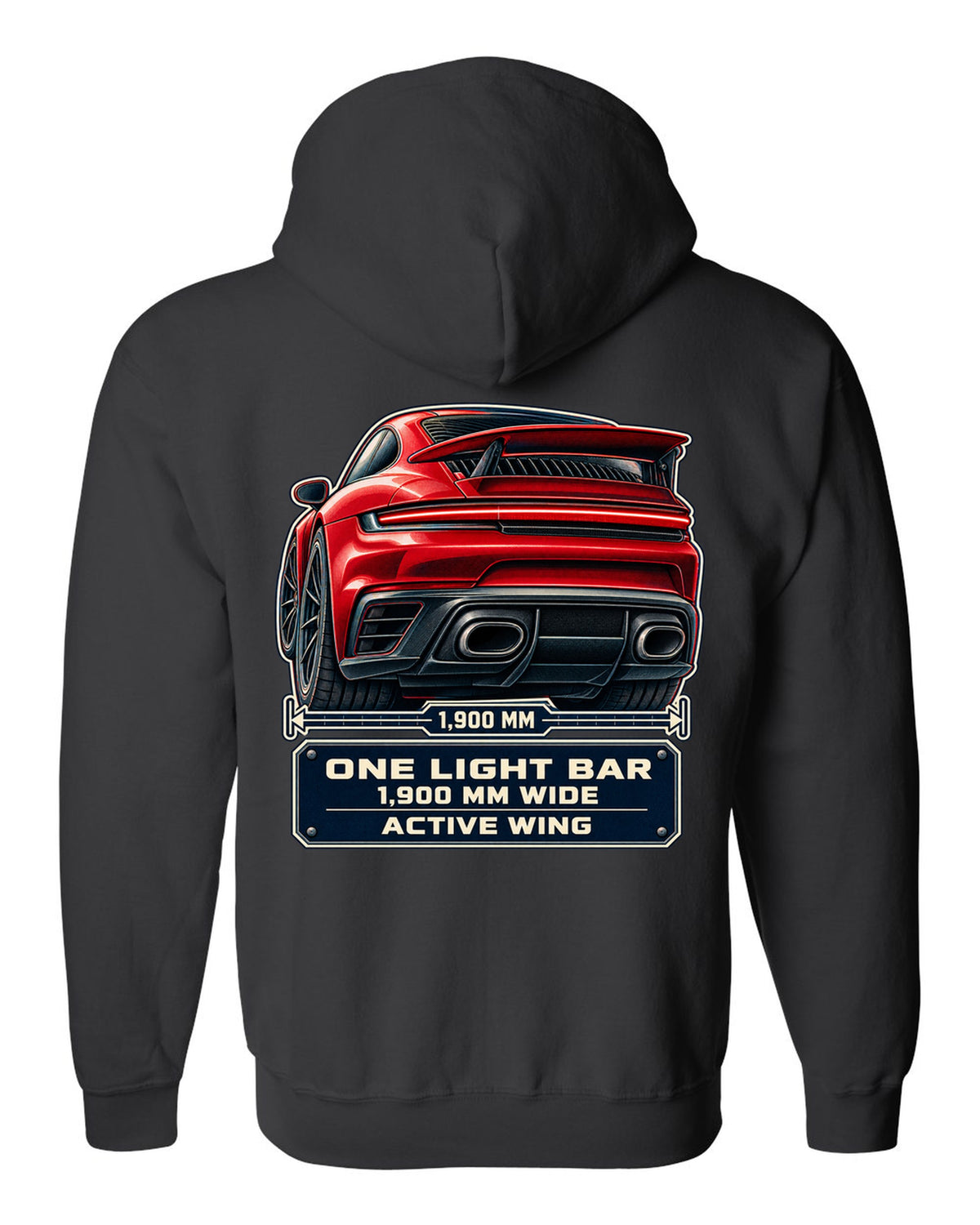 Taillight macro print of a Porsche 992 Turbo S with light bar and wing black zip hoodie back view with the design