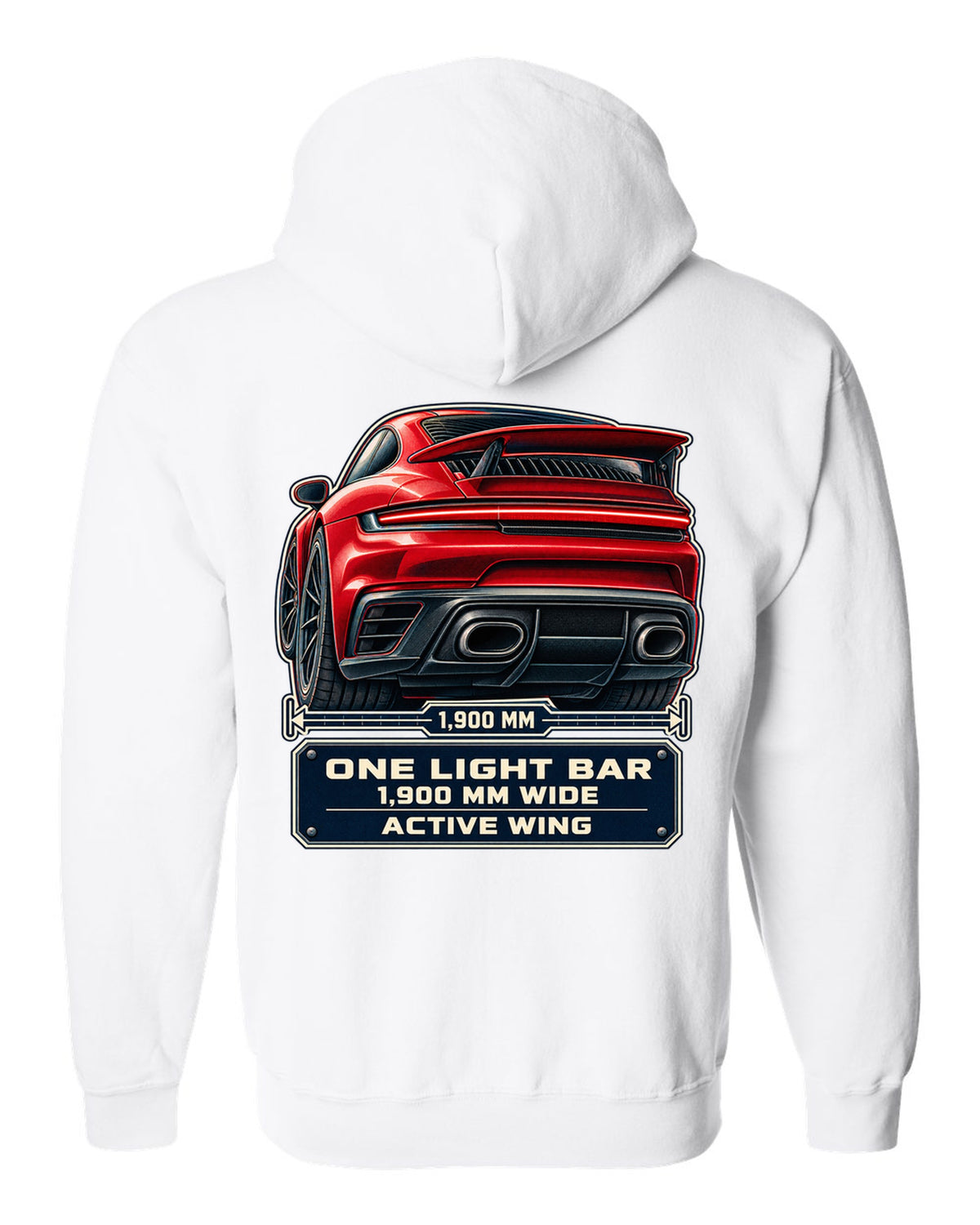 Taillight macro print of a Porsche 992 Turbo S with light bar and wing white zip hoodie back view with the design