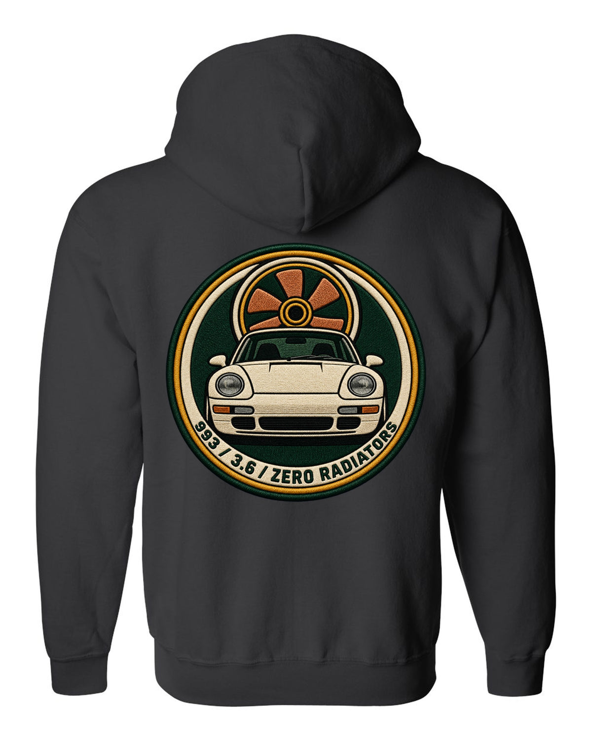 Round crest print of a Porsche 911 993 with the text 993, 3.6 and zero radiators black zip hoodie back view with the design