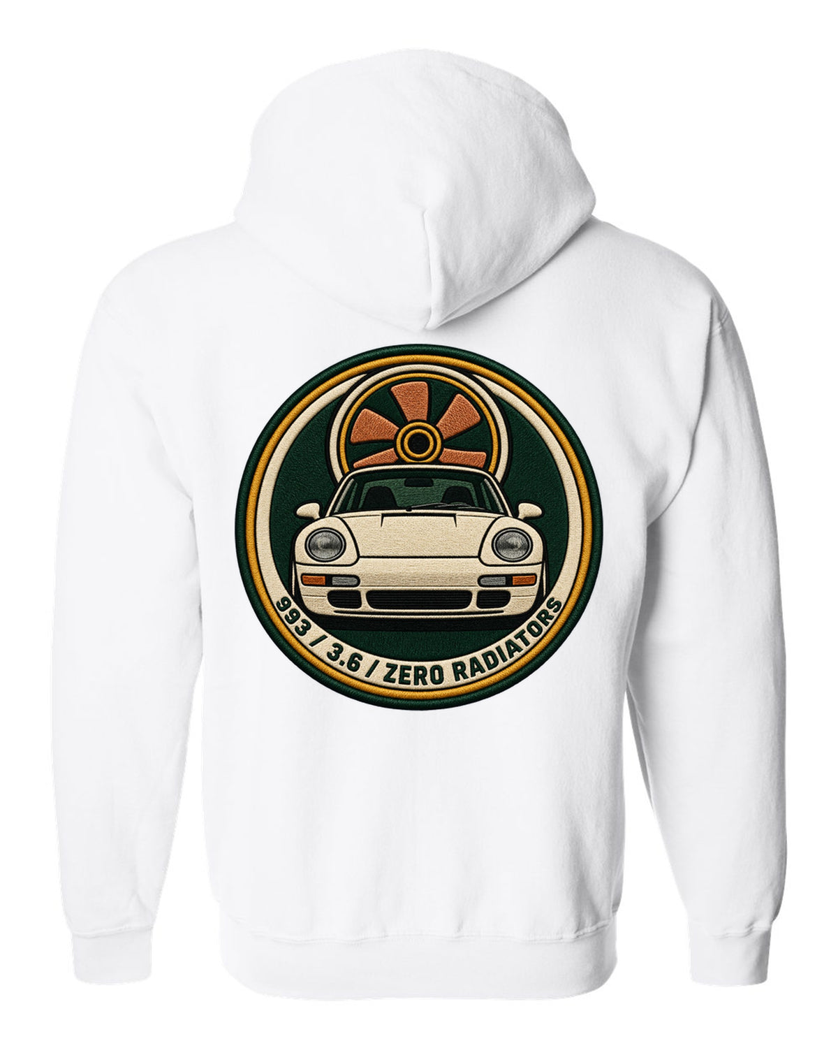 Round crest print of a Porsche 911 993 with the text 993, 3.6 and zero radiators white zip hoodie back view with the design
