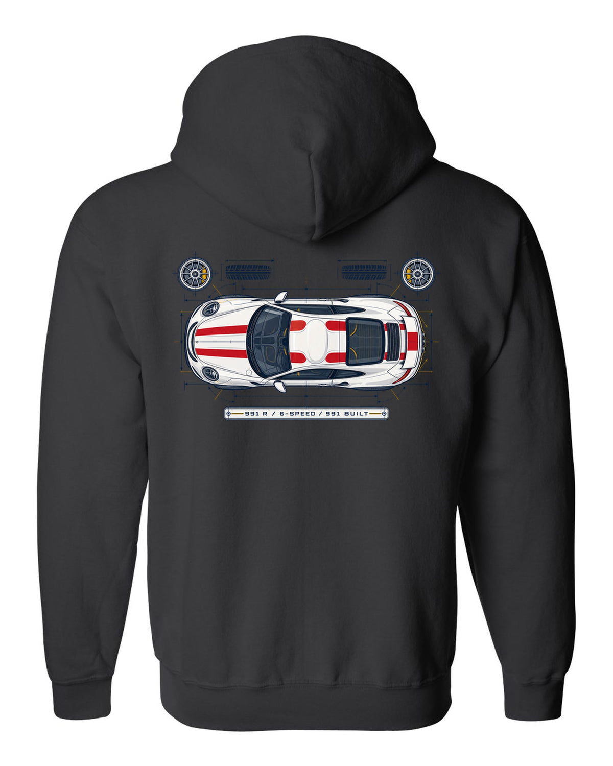 Porsche 993 Carrera five-dial gauge cluster HUD design with no screens text black zip hoodie back view with the design