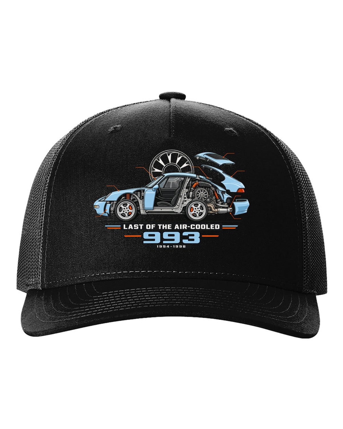 Architectural cutaway drawing of a Porsche 911 993 on a shirt back black hat front view with the design
