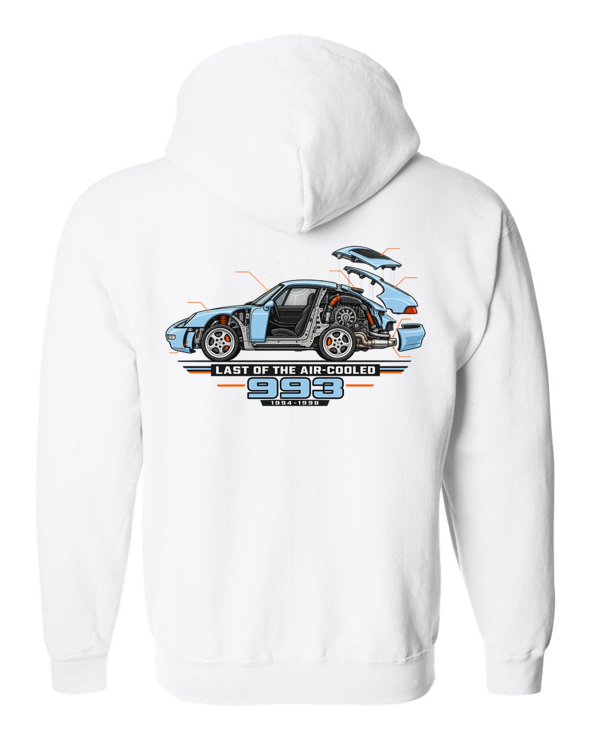 Architectural cutaway drawing of a Porsche 911 993 on a shirt back white zip hoodie back view with the design