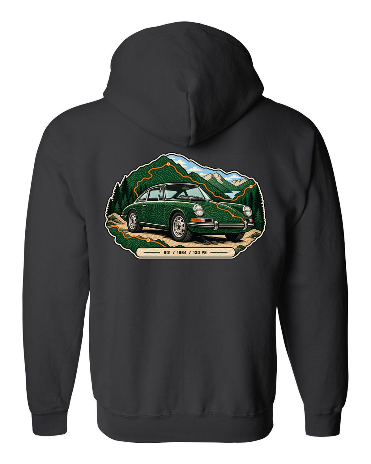 Porsche 993 RS engine bay data plate spec sheet design with 3.8 and 300 PS text black zip hoodie back view with the design