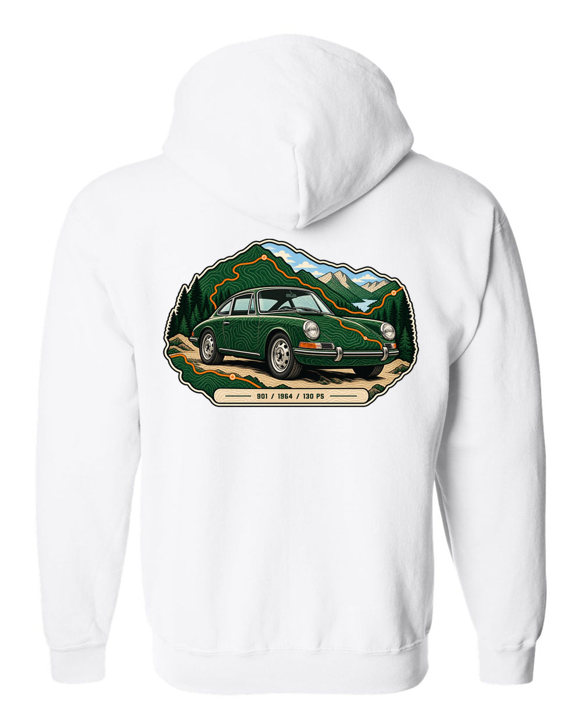 Porsche 993 RS engine bay data plate spec sheet design with 3.8 and 300 PS text white zip hoodie back view with the design