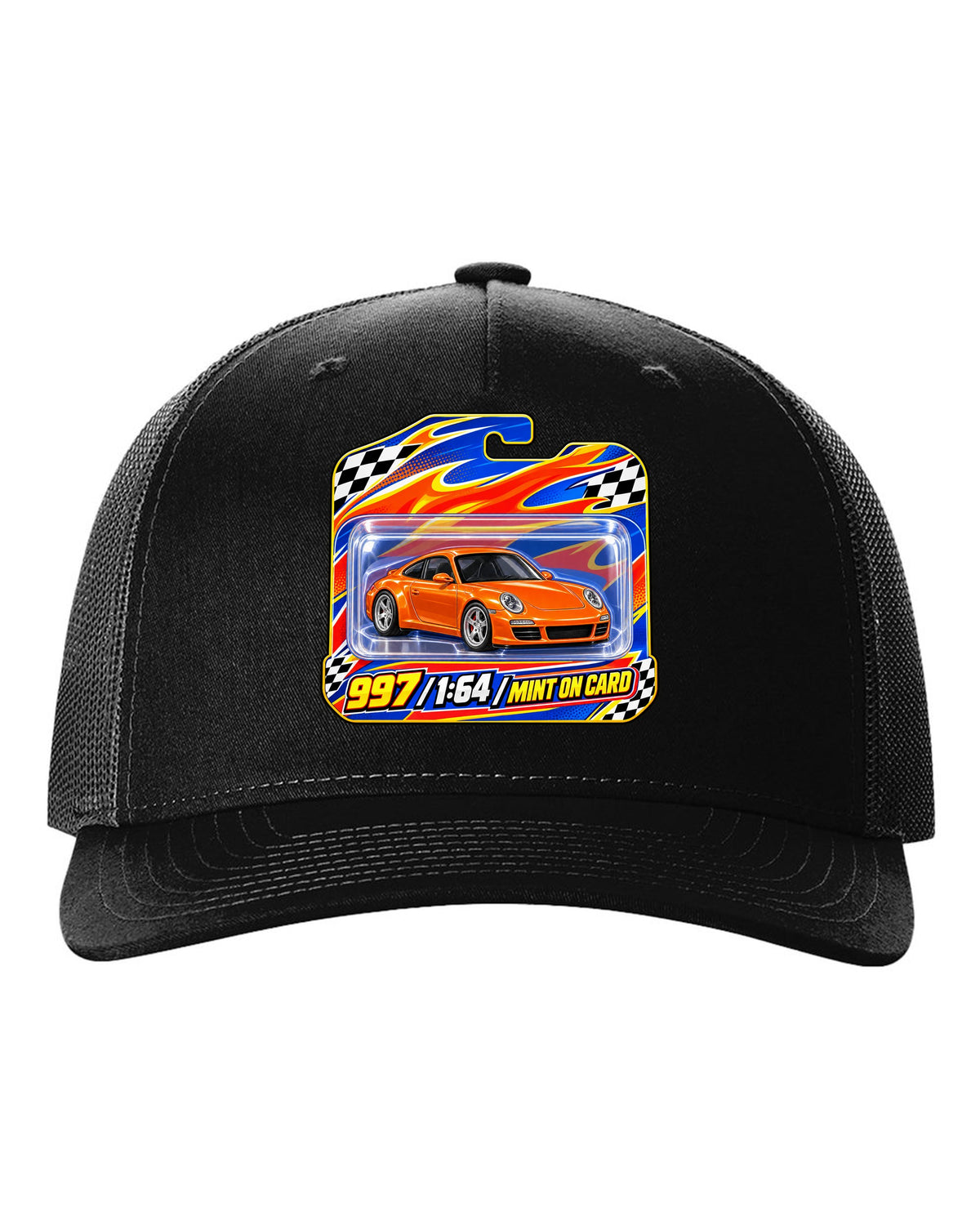 Sticker-bomb collage print of a Porsche 911 996 Carrera with the text 996 IMS never heard of it black hat front view with the design