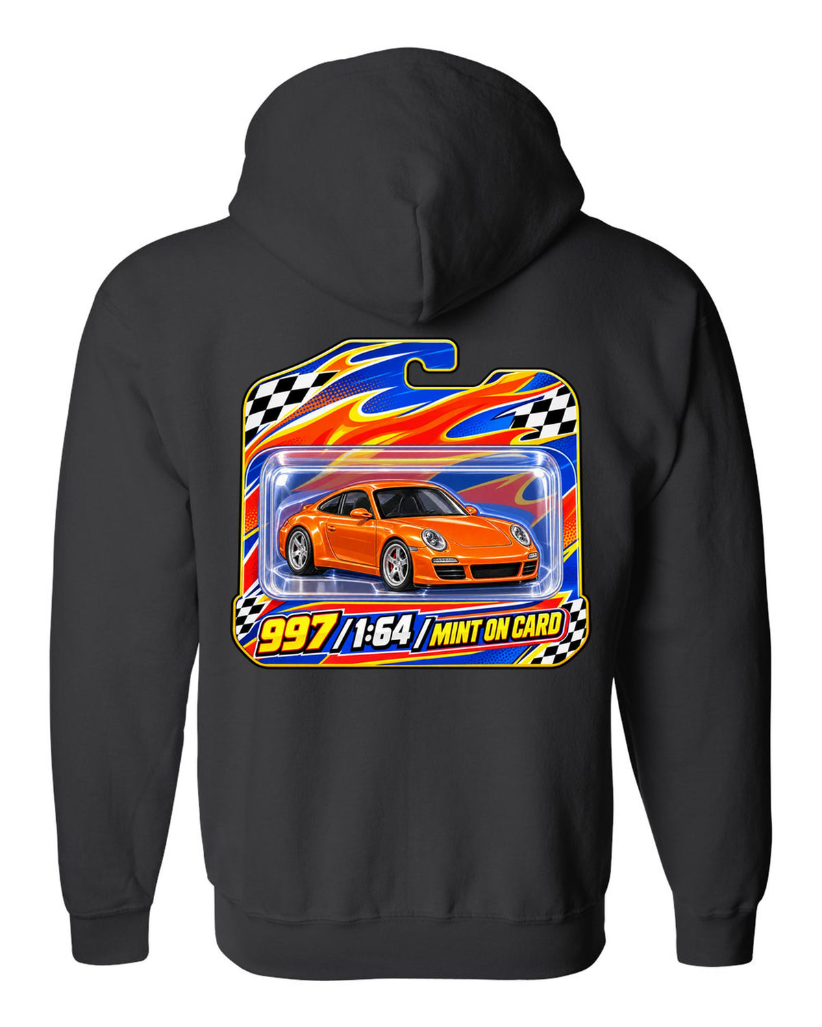 Sticker-bomb collage print of a Porsche 911 996 Carrera with the text 996 IMS never heard of it black zip hoodie back view with the design