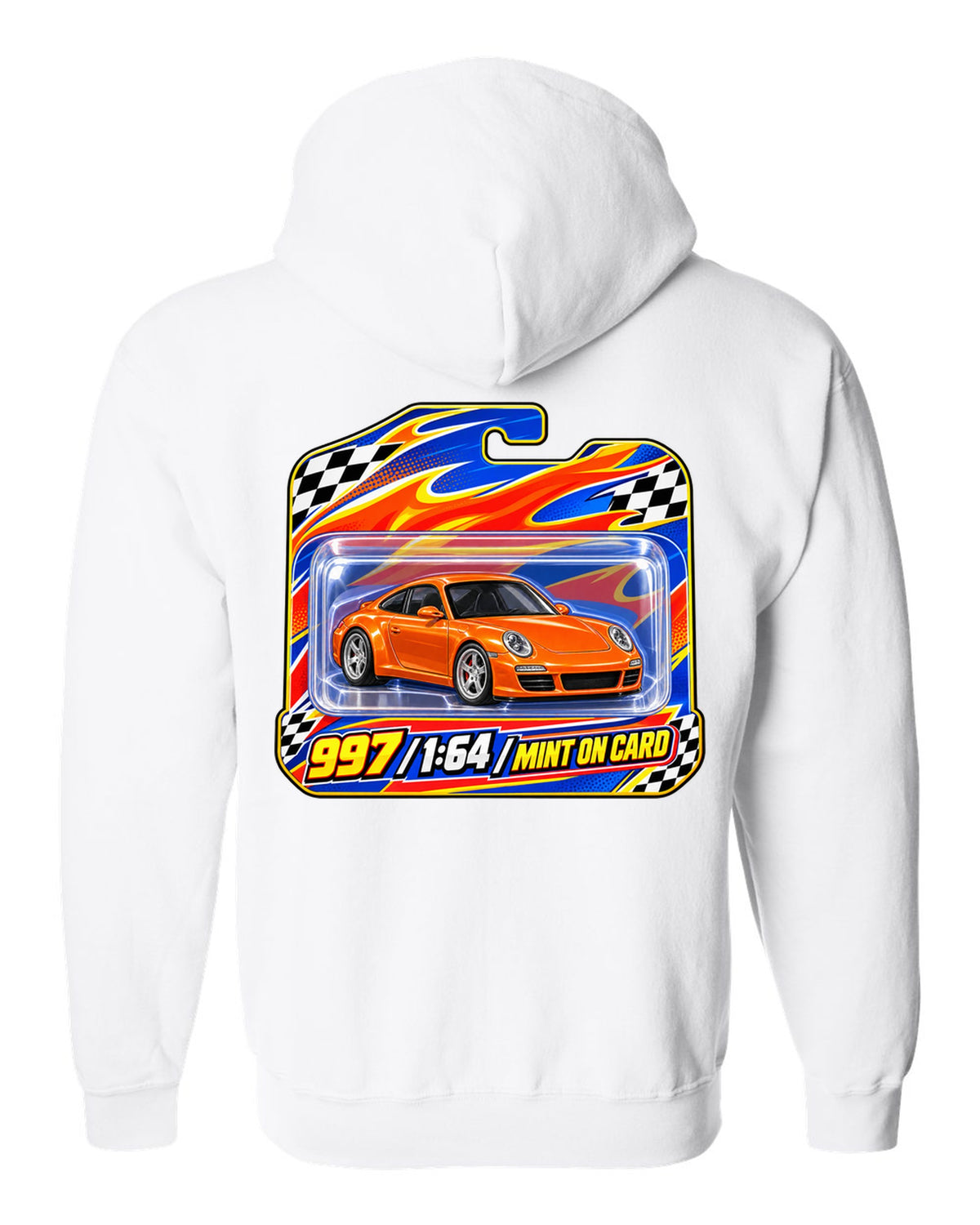 Sticker-bomb collage print of a Porsche 911 996 Carrera with the text 996 IMS never heard of it white zip hoodie back view with the design