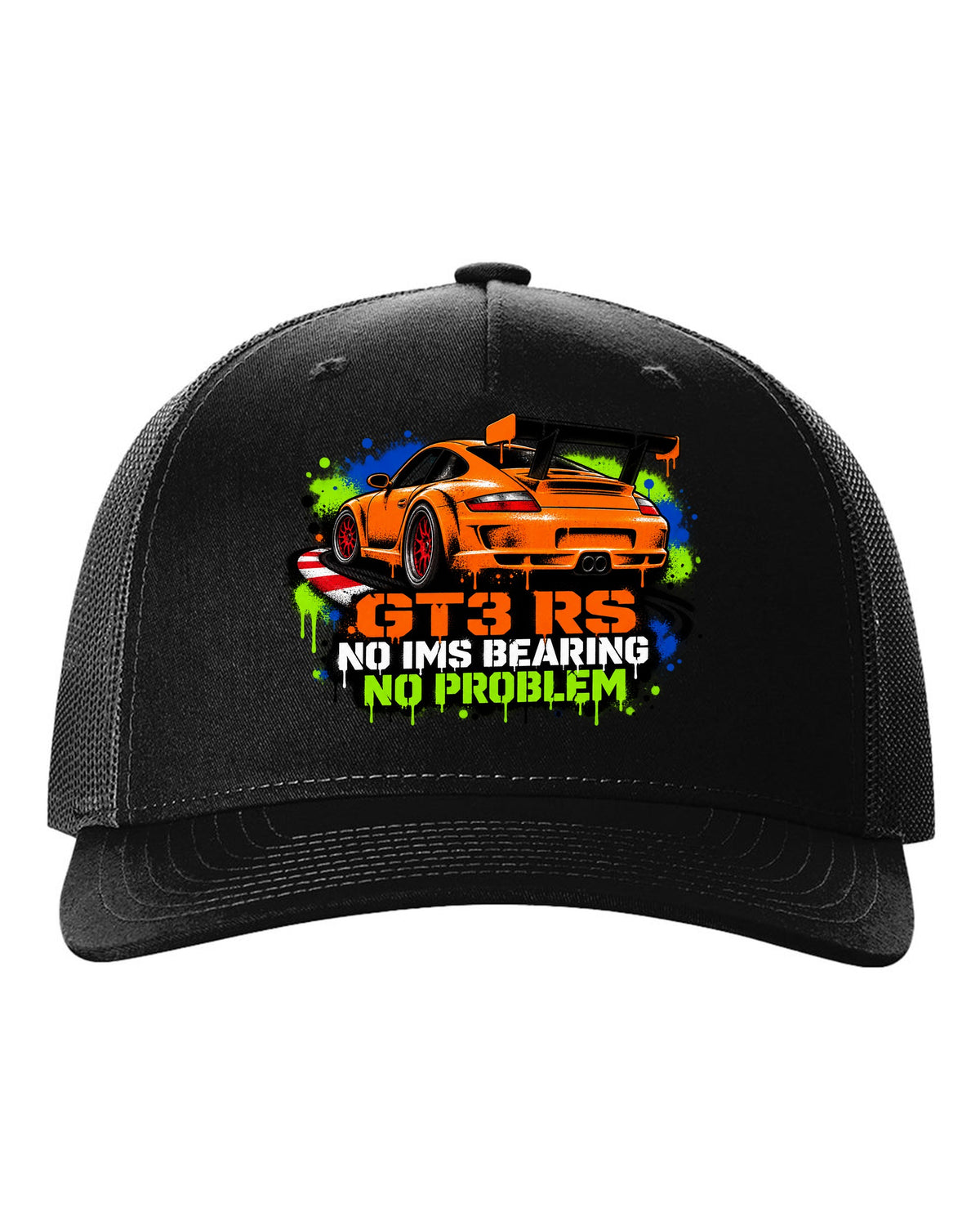 Porsche 996 GT3 RS graffiti stencil spray paint design with IMS joke black hat front view with the design