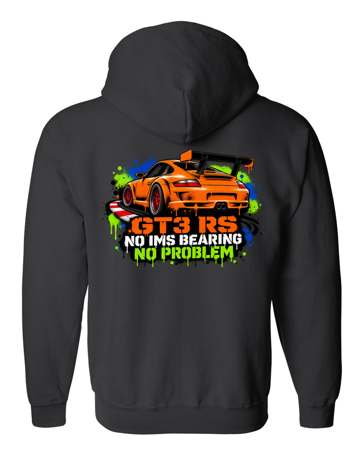 Porsche 996 GT3 RS graffiti stencil spray paint design with IMS joke black zip hoodie back view with the design