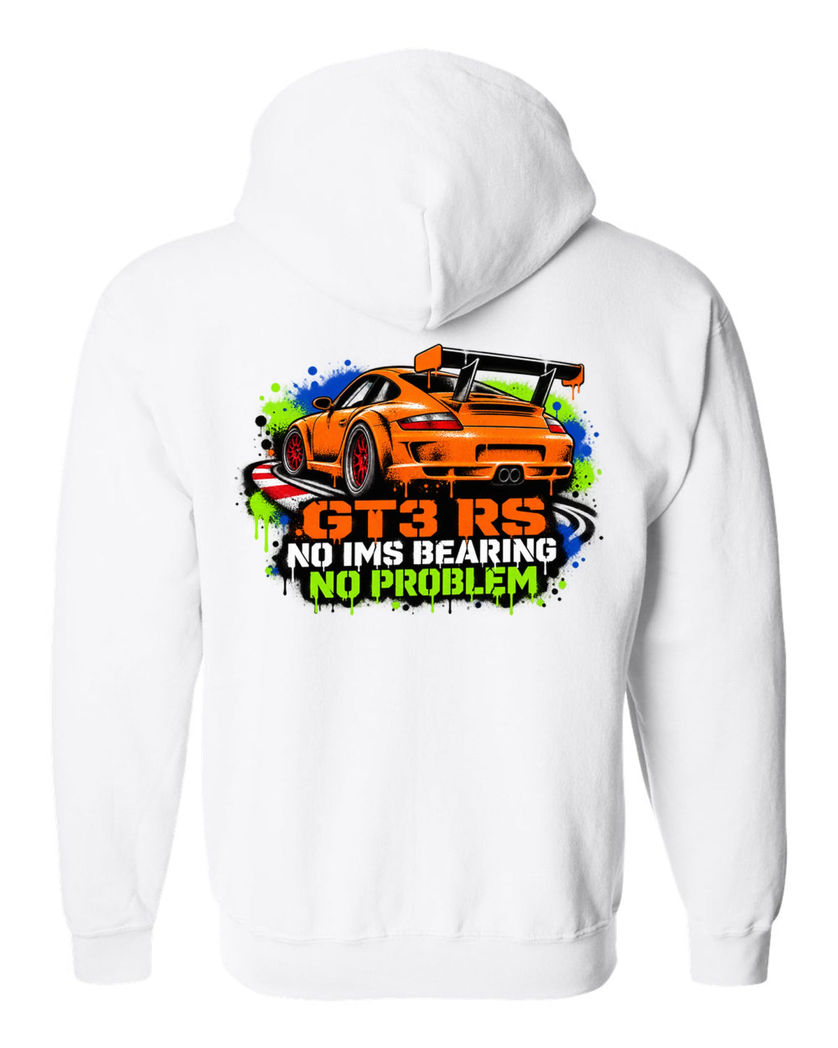 Porsche 996 GT3 RS graffiti stencil spray paint design with IMS joke white zip hoodie back view with the design