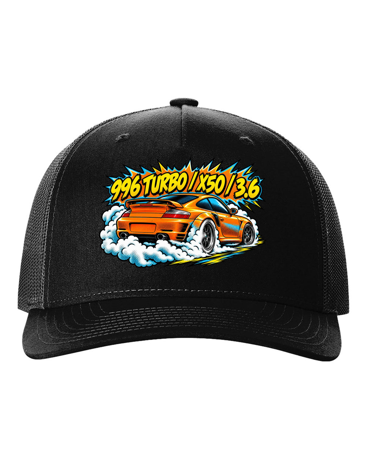 Porsche 996 Turbo comic halftone burnout burst design with X50 lettering black hat front view with the design