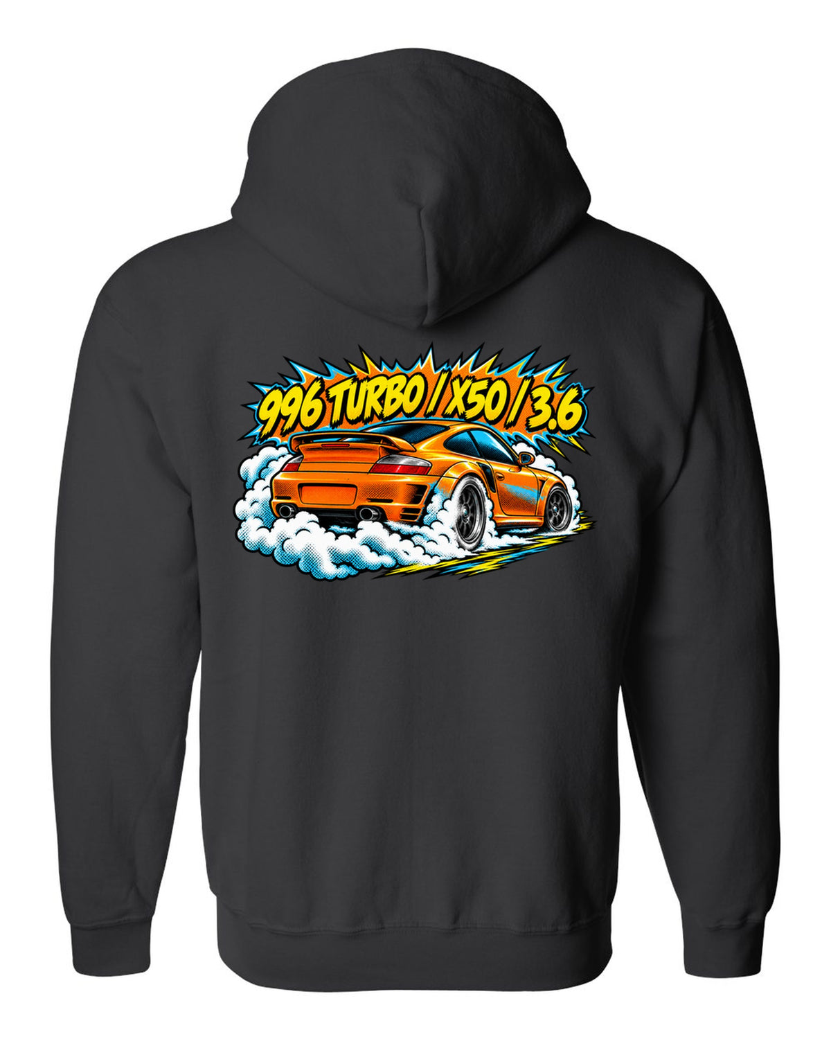 Porsche 996 Turbo comic halftone burnout burst design with X50 lettering black zip hoodie back view with the design