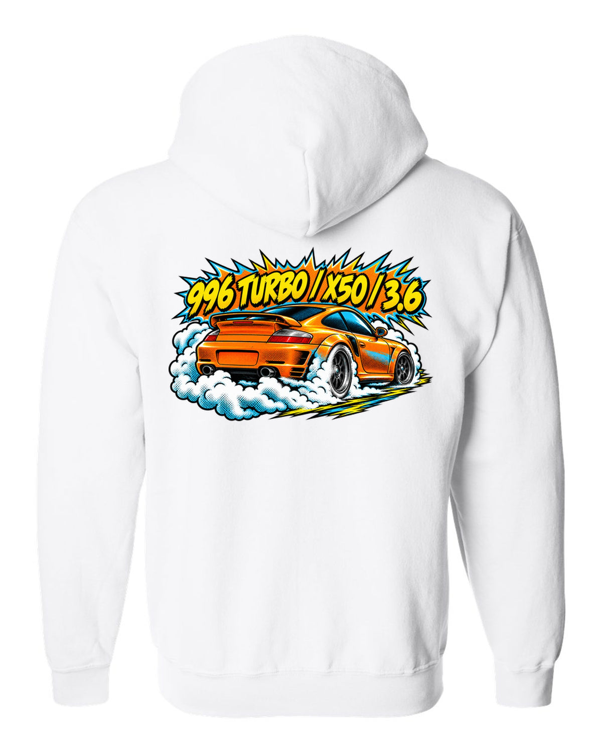 Porsche 996 Turbo comic halftone burnout burst design with X50 lettering white zip hoodie back view with the design