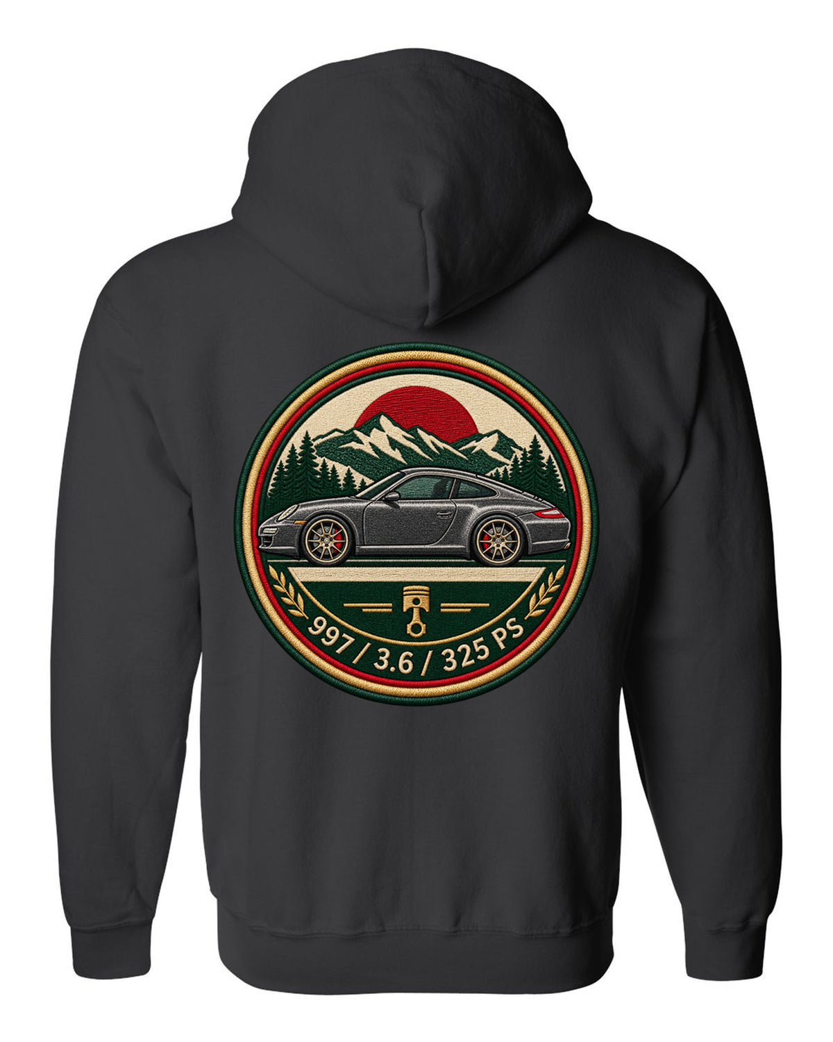 Round crest print of a Porsche 911 996 with the text 996, 3.4 and 300 PS black zip hoodie back view with the design