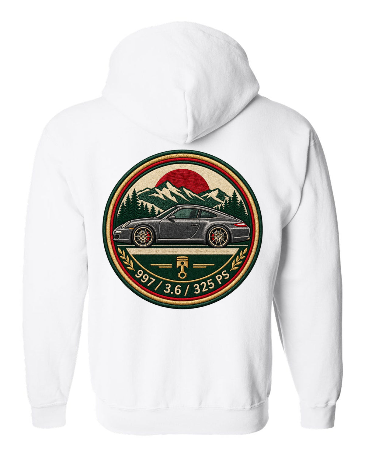 Round crest print of a Porsche 911 996 with the text 996, 3.4 and 300 PS white zip hoodie back view with the design