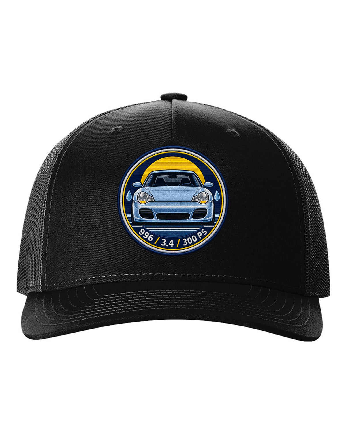 Round crest print of a 2004 Porsche 911 Carrera 997 with the text 997, 3.6 and 325 PS black hat front view with the design