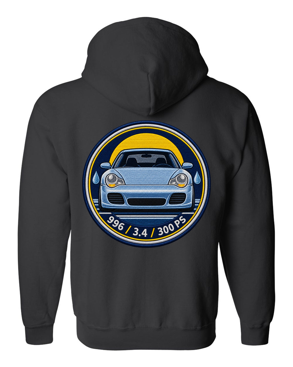 Round crest print of a 2004 Porsche 911 Carrera 997 with the text 997, 3.6 and 325 PS black zip hoodie back view with the design