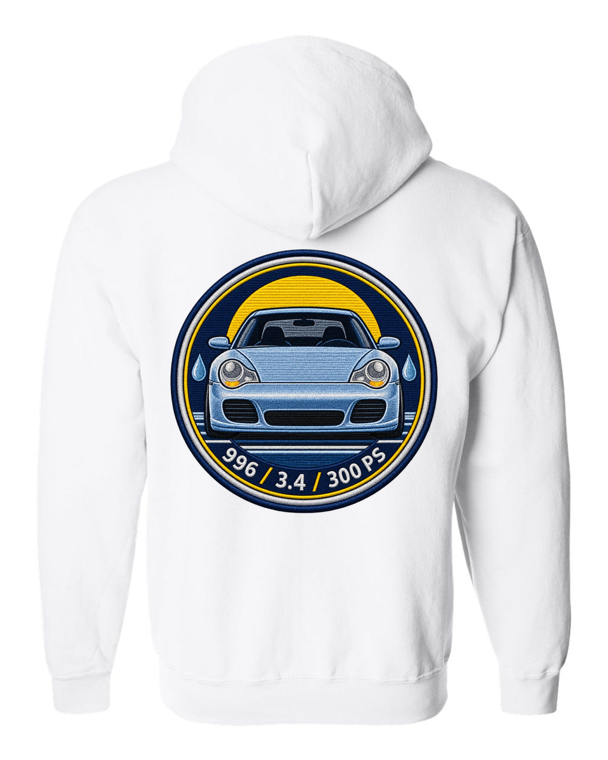 Round crest print of a 2004 Porsche 911 Carrera 997 with the text 997, 3.6 and 325 PS white zip hoodie back view with the design