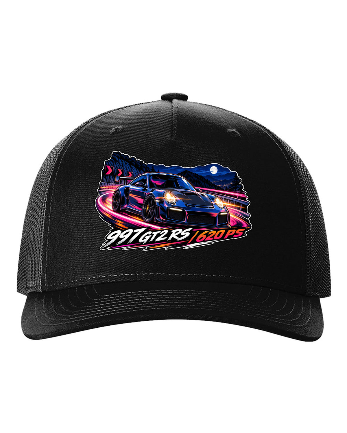 Cel-shaded anime night touge design featuring the Porsche 997 GT2 RS with 620 PS lettering black hat front view with the design