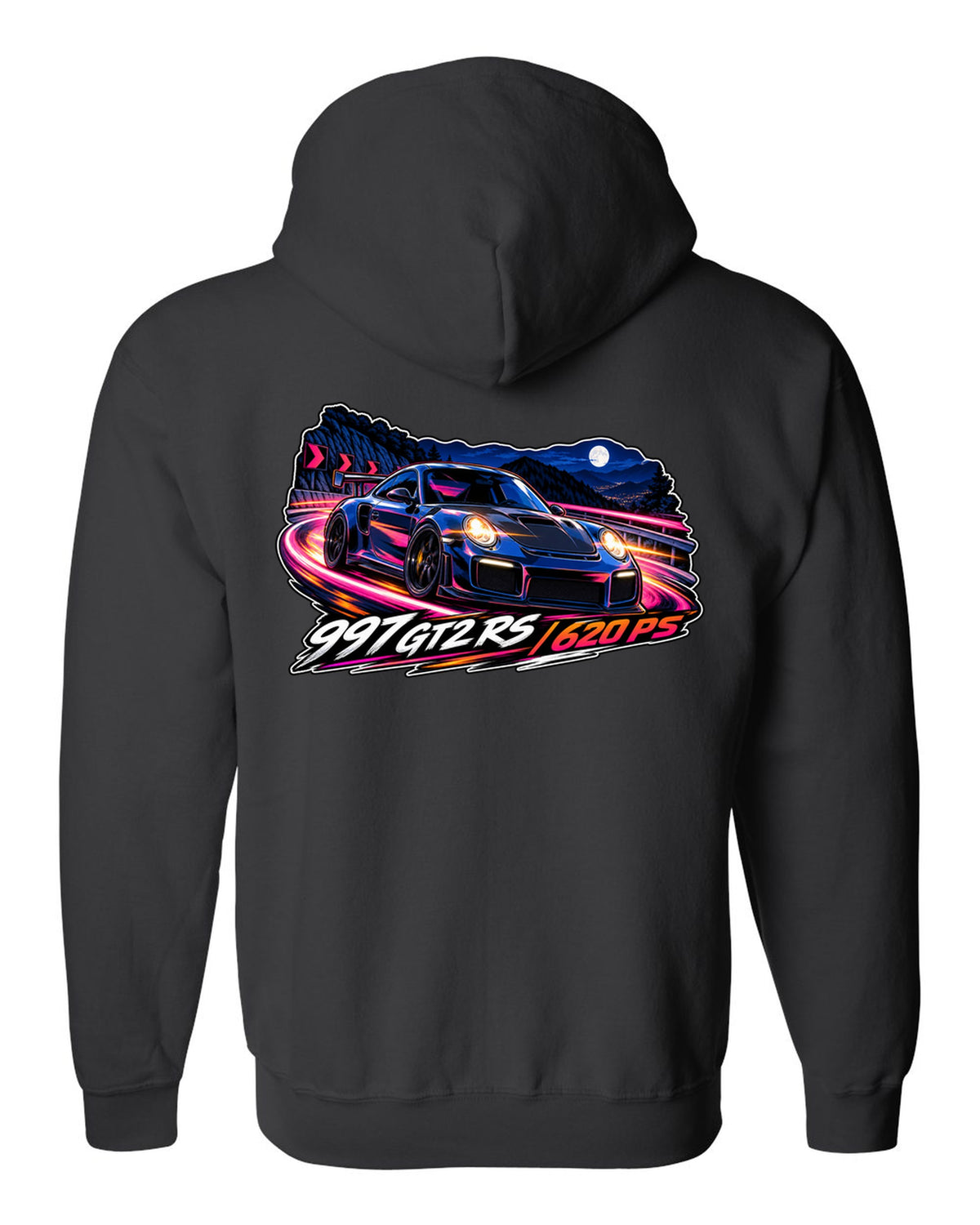 Cel-shaded anime night touge design featuring the Porsche 997 GT2 RS with 620 PS lettering black zip hoodie back view with the design