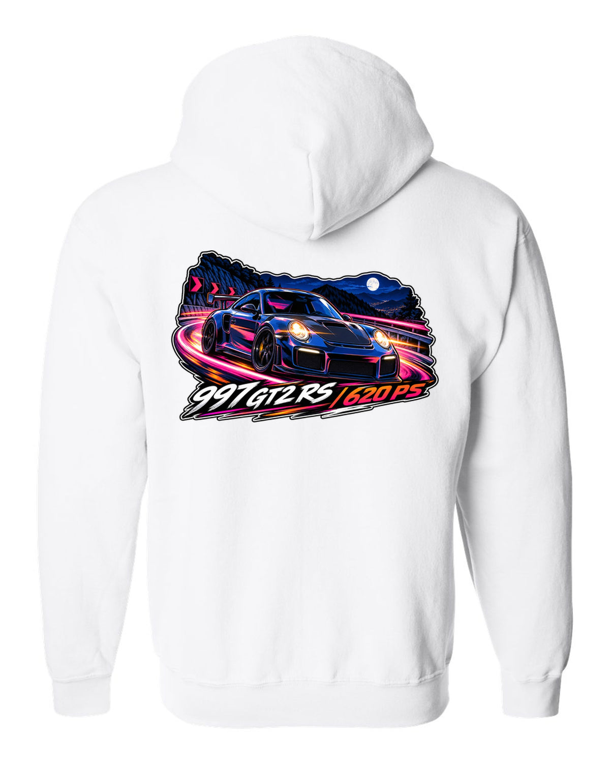Cel-shaded anime night touge design featuring the Porsche 997 GT2 RS with 620 PS lettering white zip hoodie back view with the design