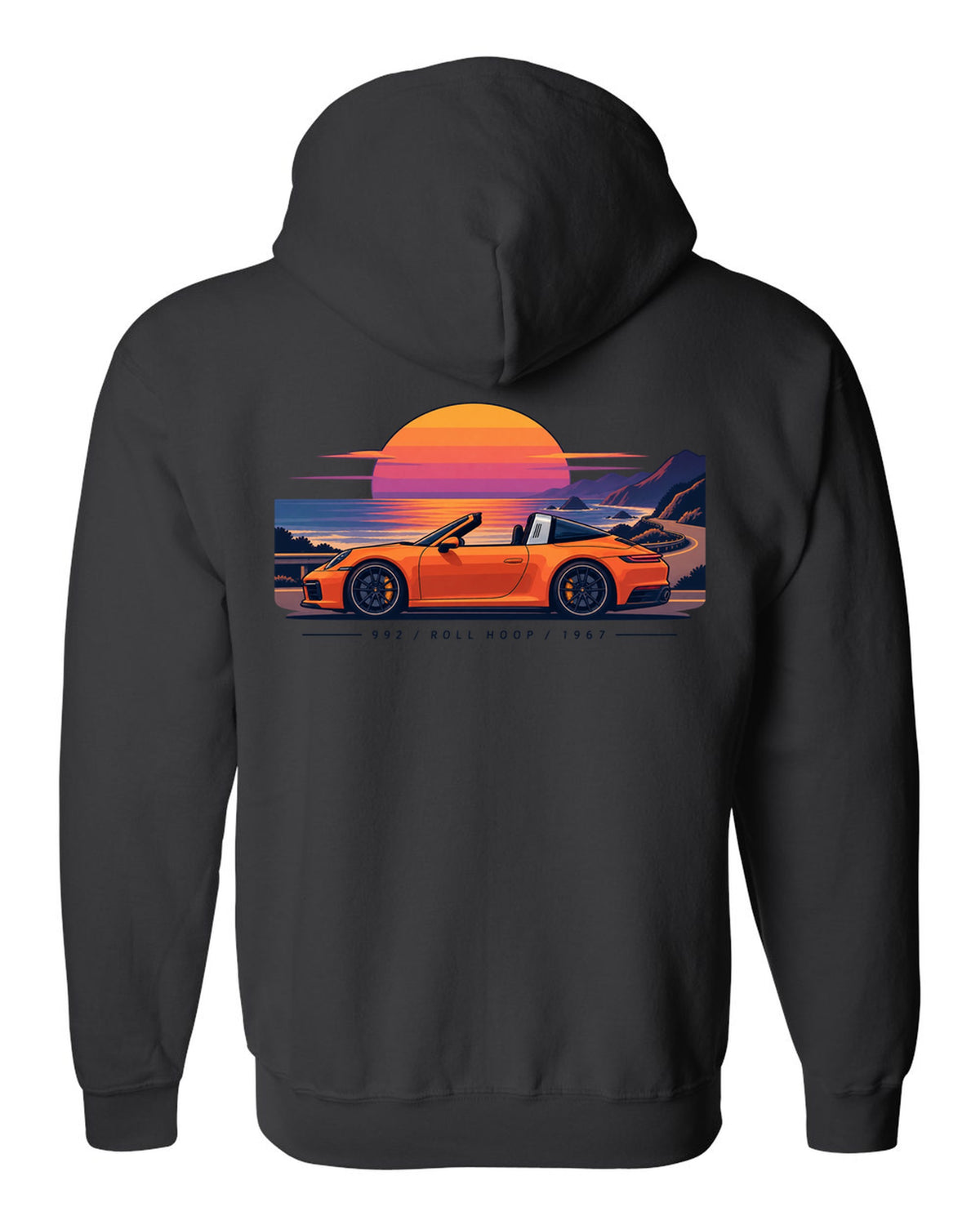 Porsche 997 GT3 RS exploded view diagram design in orange with Mezger lettering black zip hoodie back view with the design