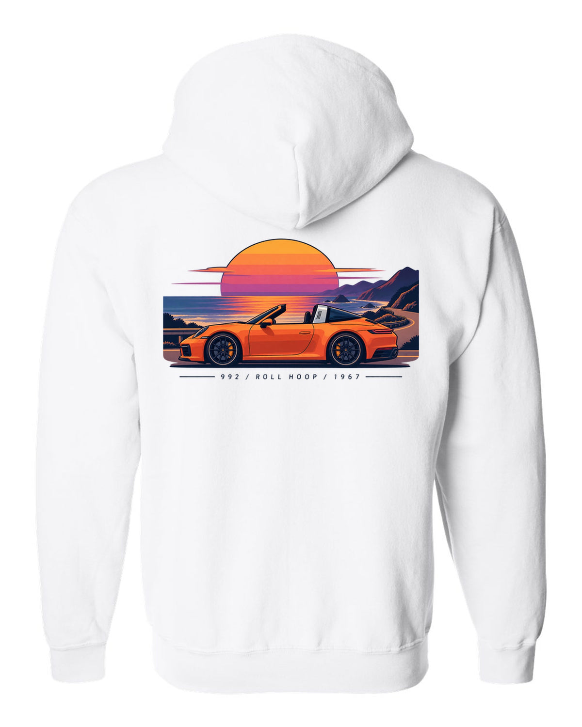 Porsche 997 GT3 RS exploded view diagram design in orange with Mezger lettering white zip hoodie back view with the design