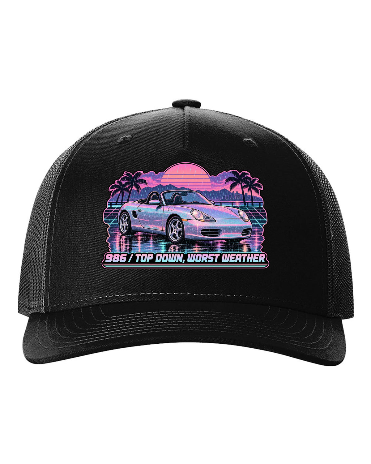 Lo-fi vaporwave Porsche Boxster 986 with the roof down black hat front view with the design