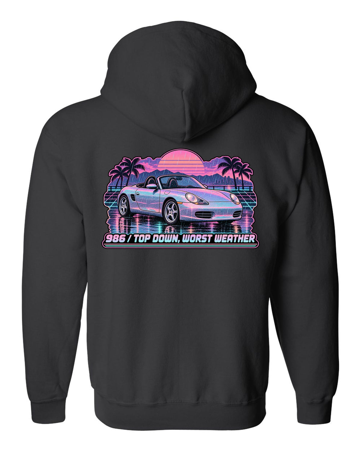 Lo-fi vaporwave Porsche Boxster 986 with the roof down black zip hoodie back view with the design
