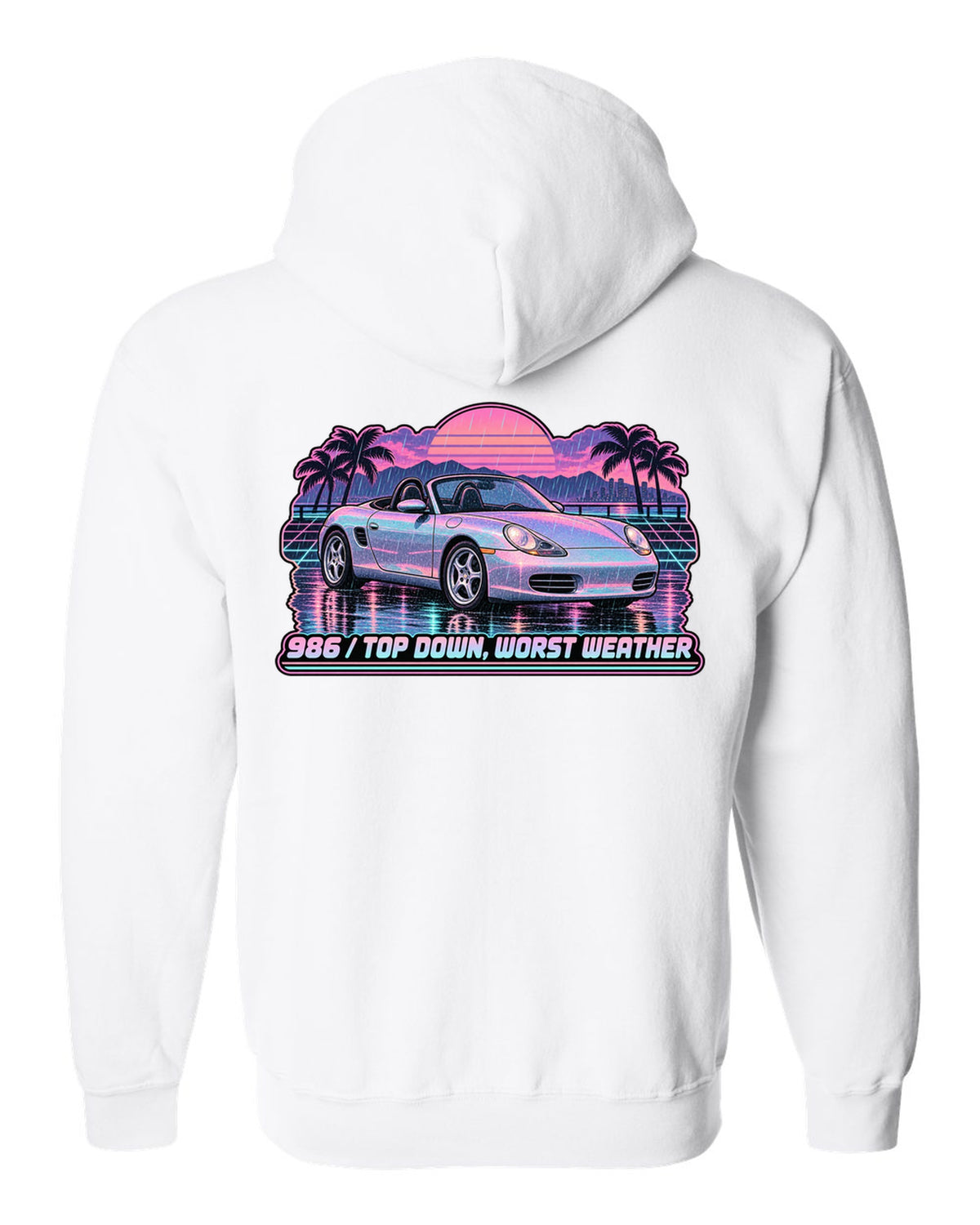Lo-fi vaporwave Porsche Boxster 986 with the roof down white zip hoodie back view with the design