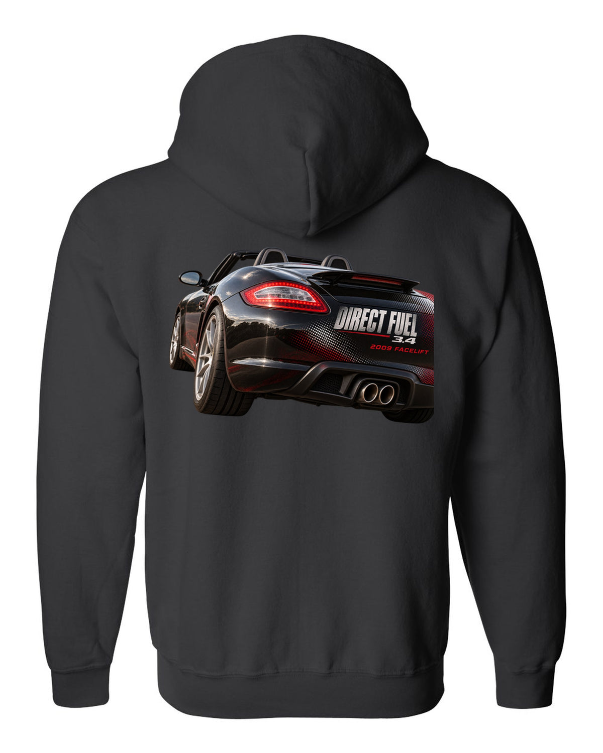 Taillight macro print of a Porsche Boxster 987.2 facelift black zip hoodie back view with the design