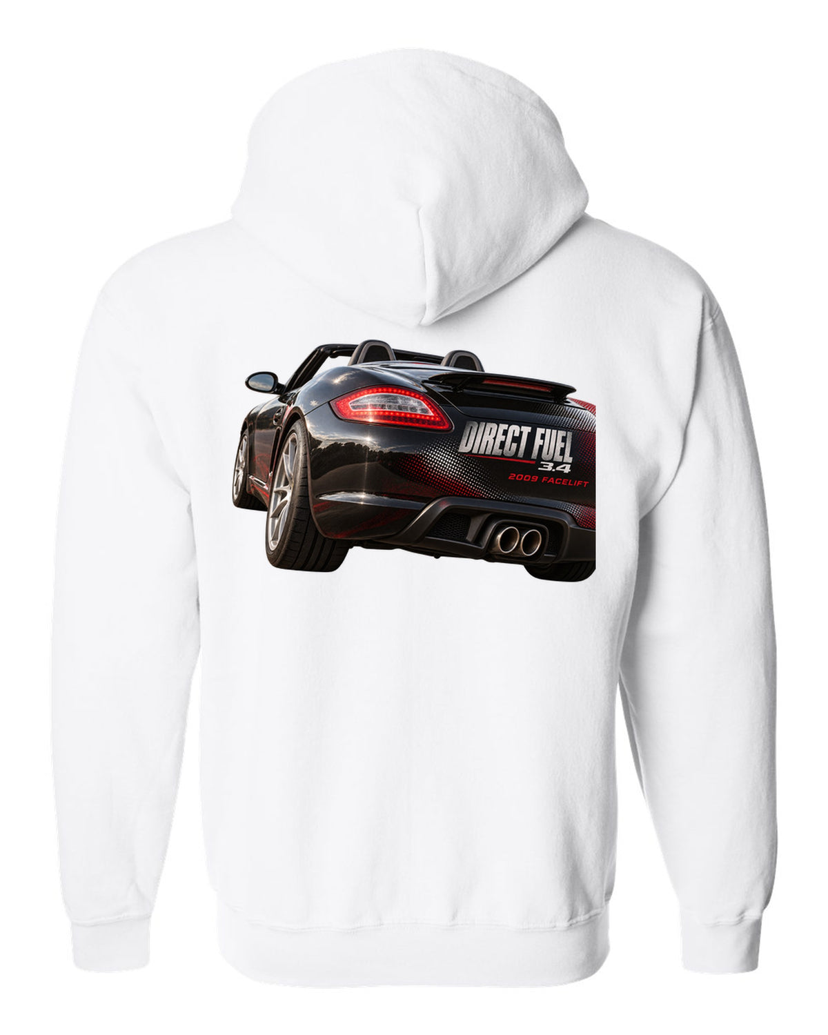 Taillight macro print of a Porsche Boxster 987.2 facelift white zip hoodie back view with the design
