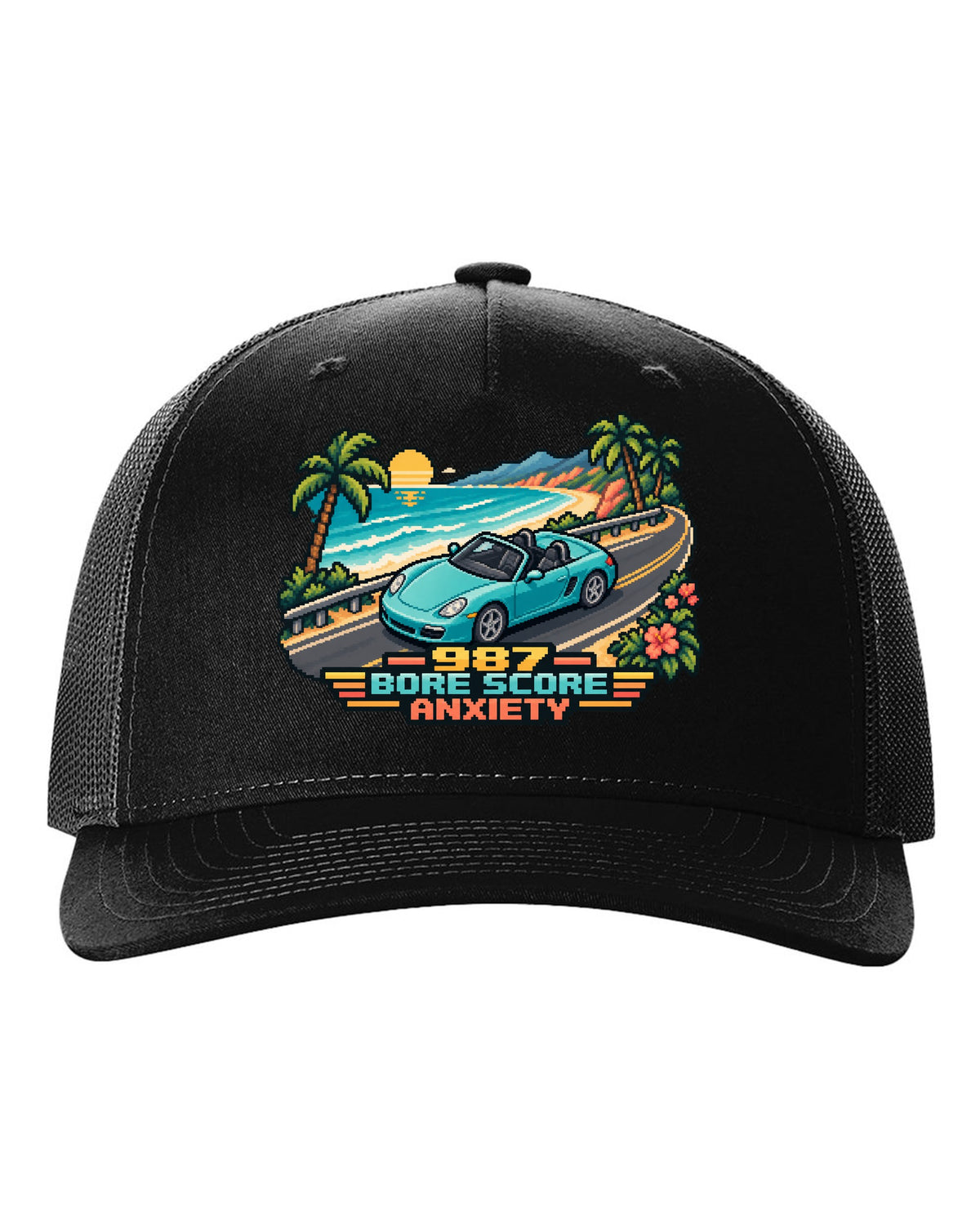 Porsche Boxster 987 isometric pixel art roadster with bore score anxiety text black hat front view with the design