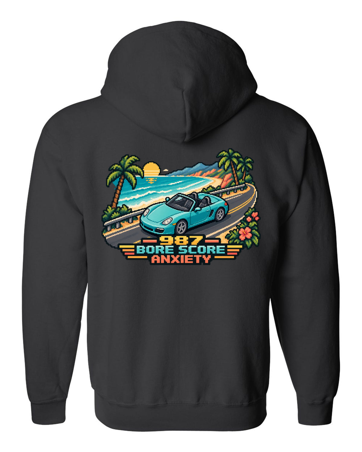 Porsche Boxster 987 isometric pixel art roadster with bore score anxiety text black zip hoodie back view with the design