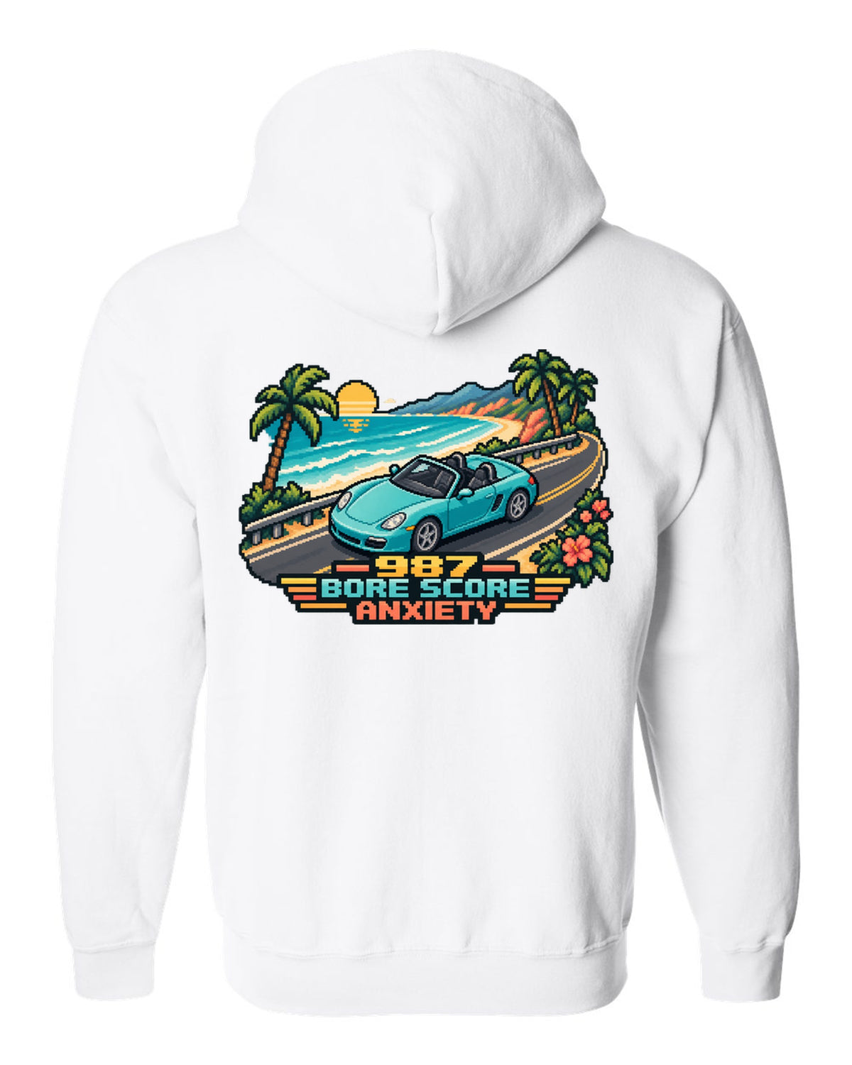 Porsche Boxster 987 isometric pixel art roadster with bore score anxiety text white zip hoodie back view with the design