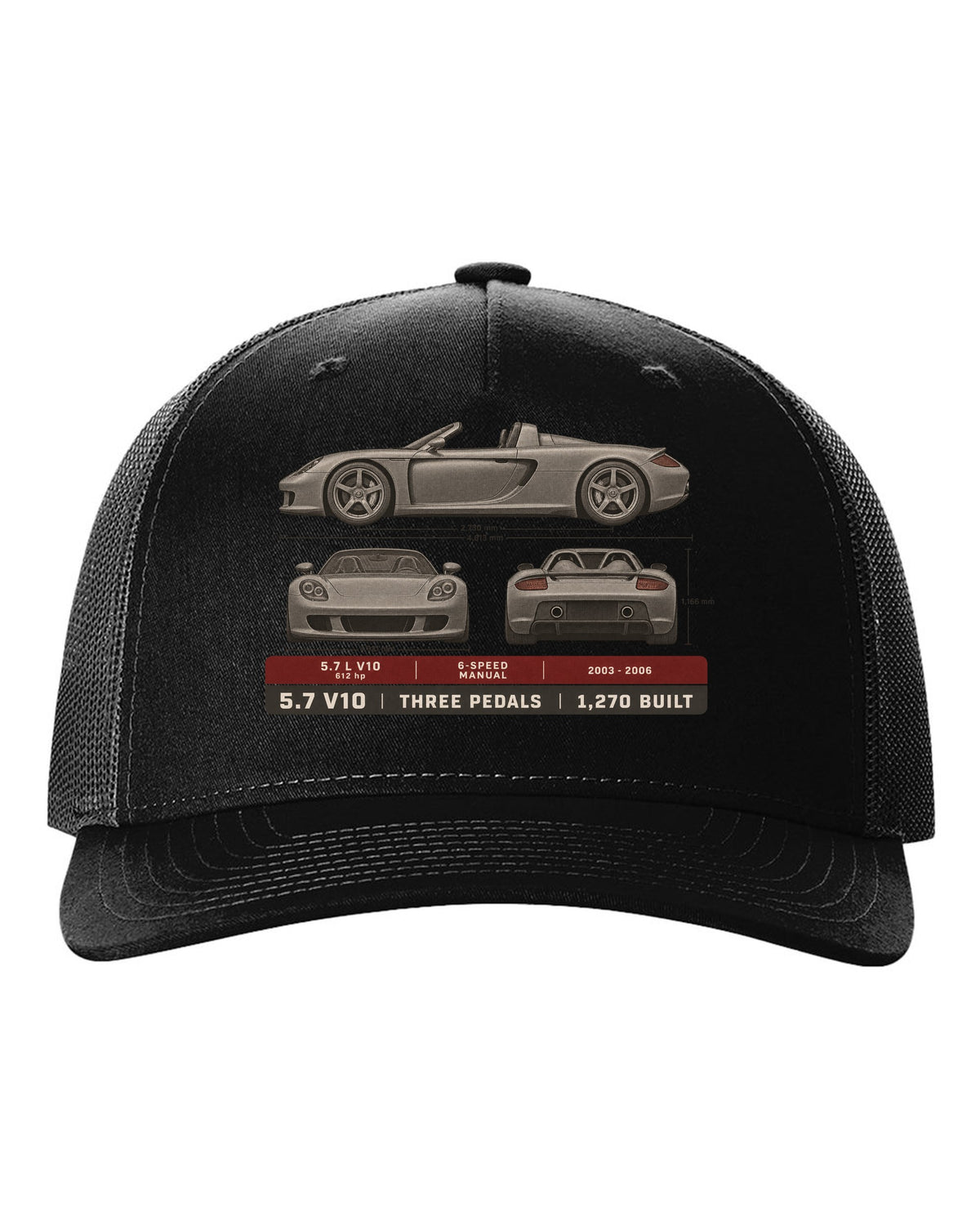 Porsche Carrera GT three-view and spec table print design black hat front view with the design