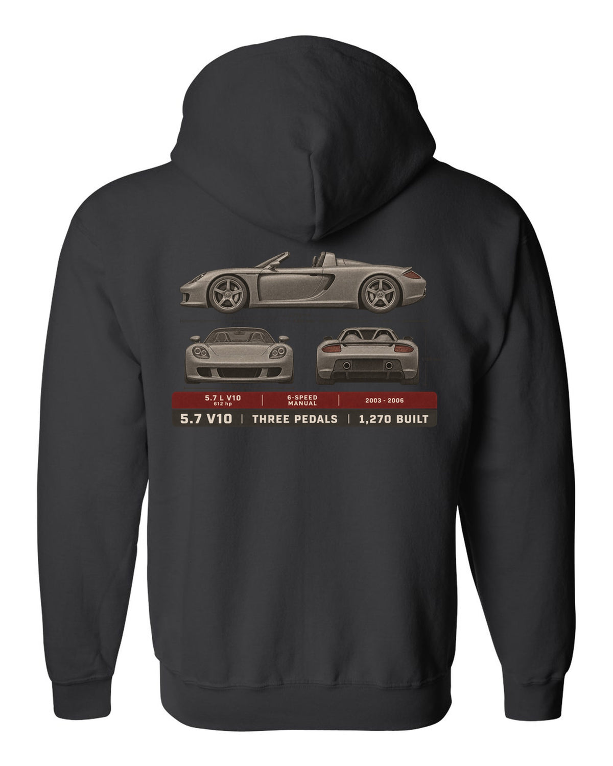 Porsche Carrera GT three-view and spec table print design black zip hoodie back view with the design