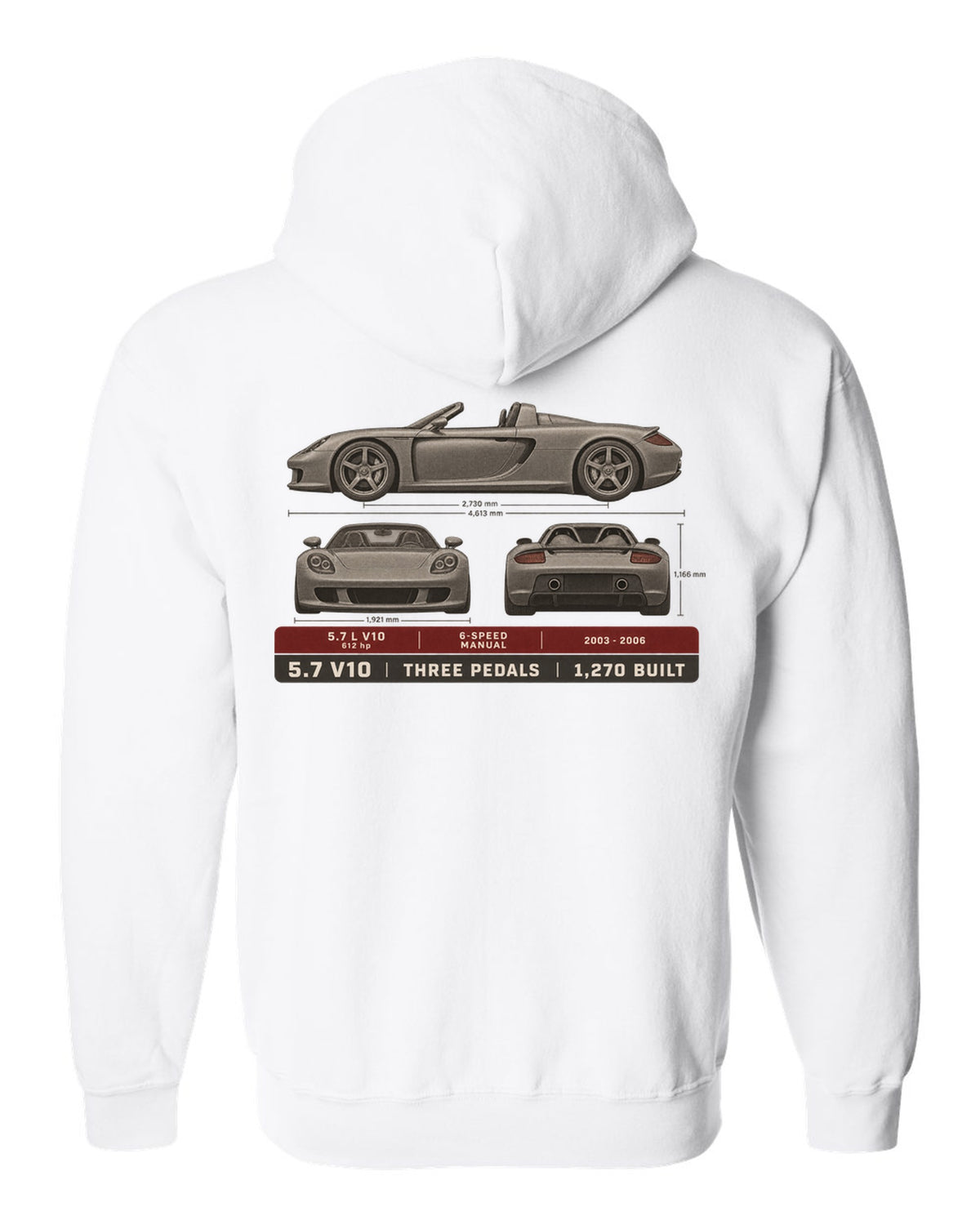 Porsche Carrera GT three-view and spec table print design white zip hoodie back view with the design