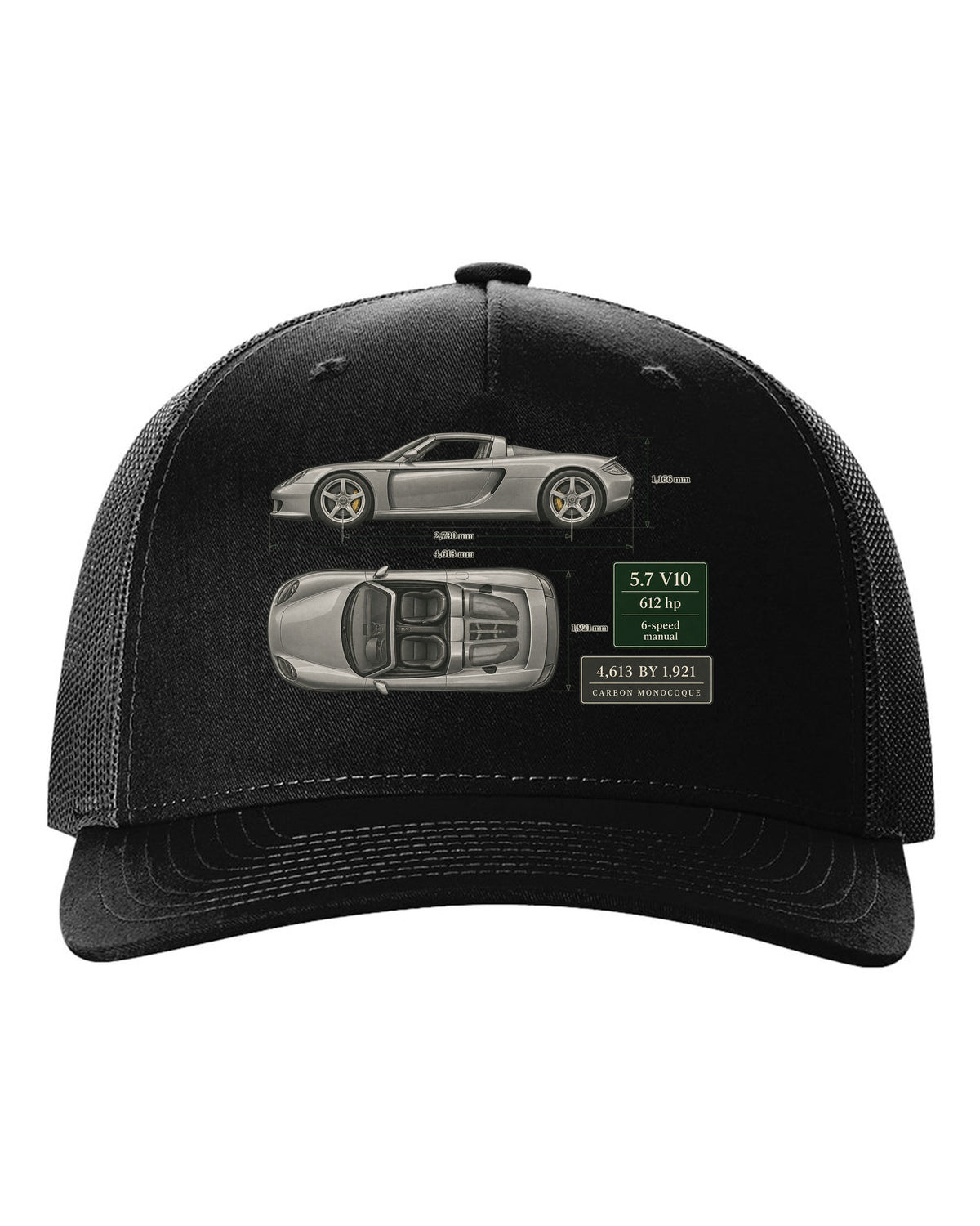 Porsche Carrera GT top view dimension blueprint print design black hat front view with the design