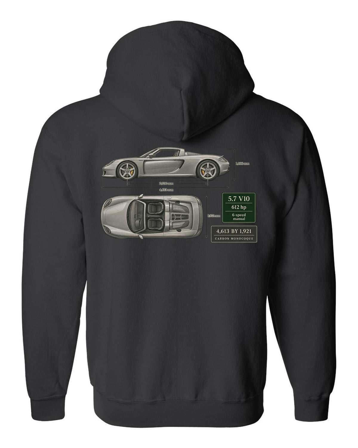 Porsche Carrera GT top view dimension blueprint print design black zip hoodie back view with the design