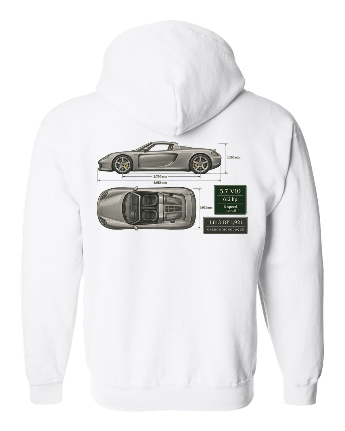Porsche Carrera GT top view dimension blueprint print design white zip hoodie back view with the design