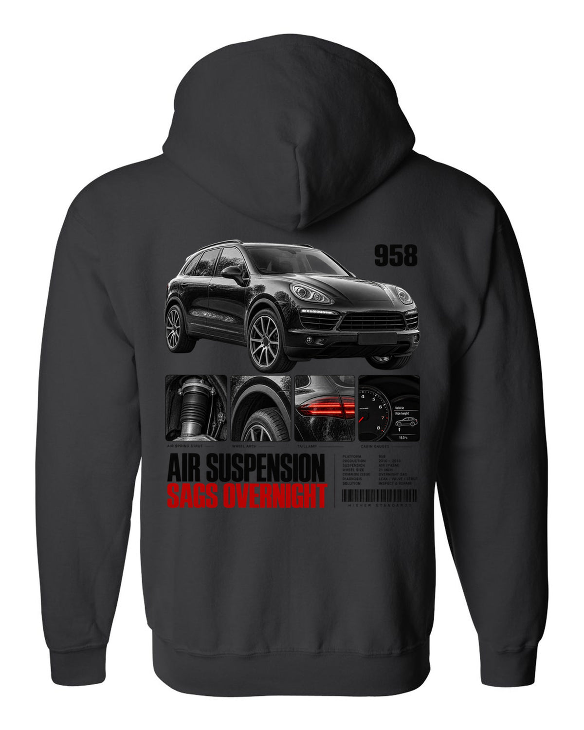Dossier panel print of a Porsche Cayenne 958 with air suspension sags overnight caption black zip hoodie back view with the design