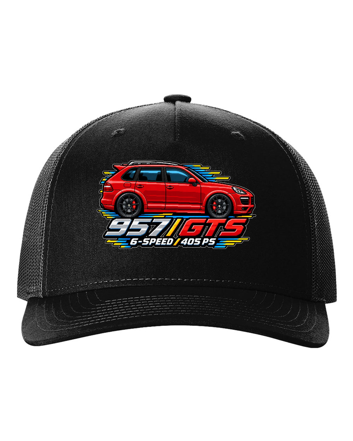 16-bit pixel art design of the Porsche Cayenne GTS 957 with 6-speed and 405 PS lettering black hat front view with the design