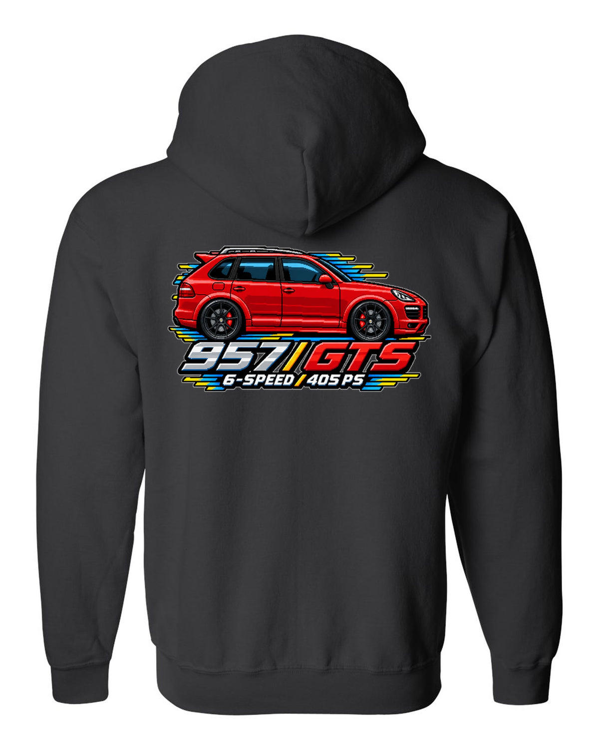 16-bit pixel art design of the Porsche Cayenne GTS 957 with 6-speed and 405 PS lettering black zip hoodie back view with the design