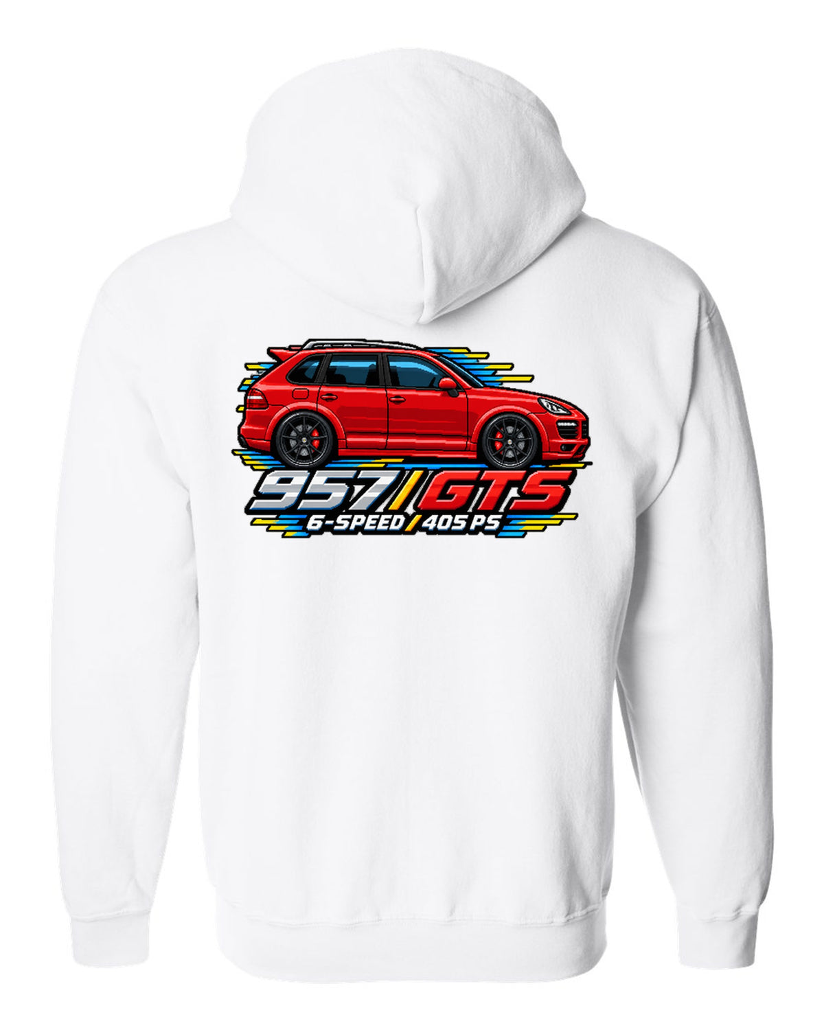 16-bit pixel art design of the Porsche Cayenne GTS 957 with 6-speed and 405 PS lettering white zip hoodie back view with the design