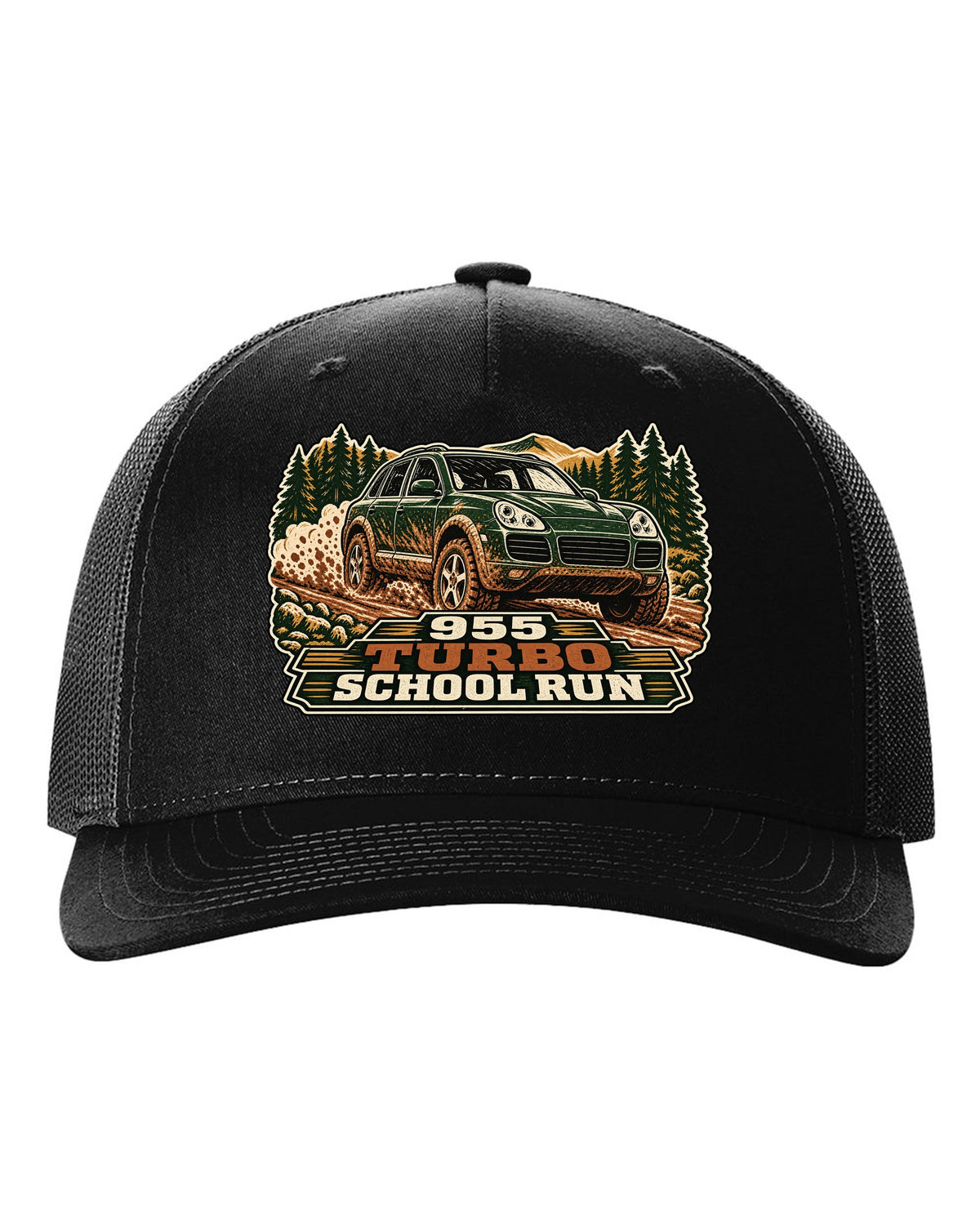 Multi-block linocut print of a muddy Porsche Cayenne Turbo 955 with the text 955, turbo, school run black hat front view with the design