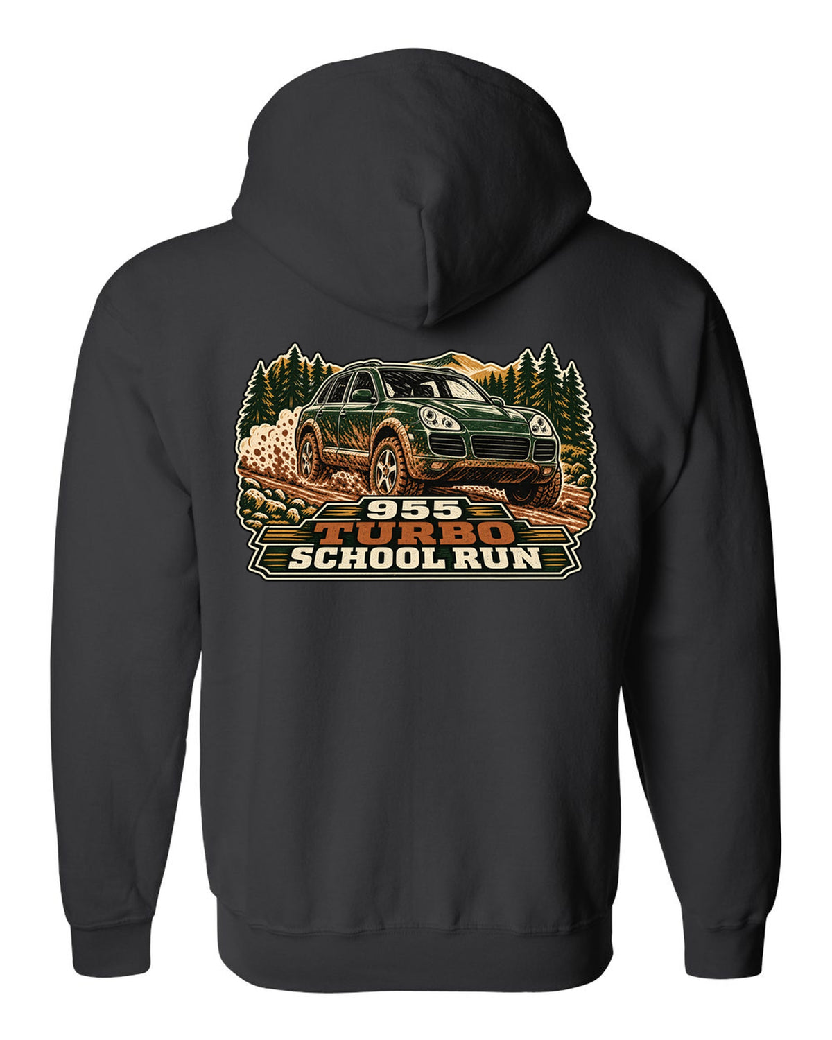 Multi-block linocut print of a muddy Porsche Cayenne Turbo 955 with the text 955, turbo, school run black zip hoodie back view with the design